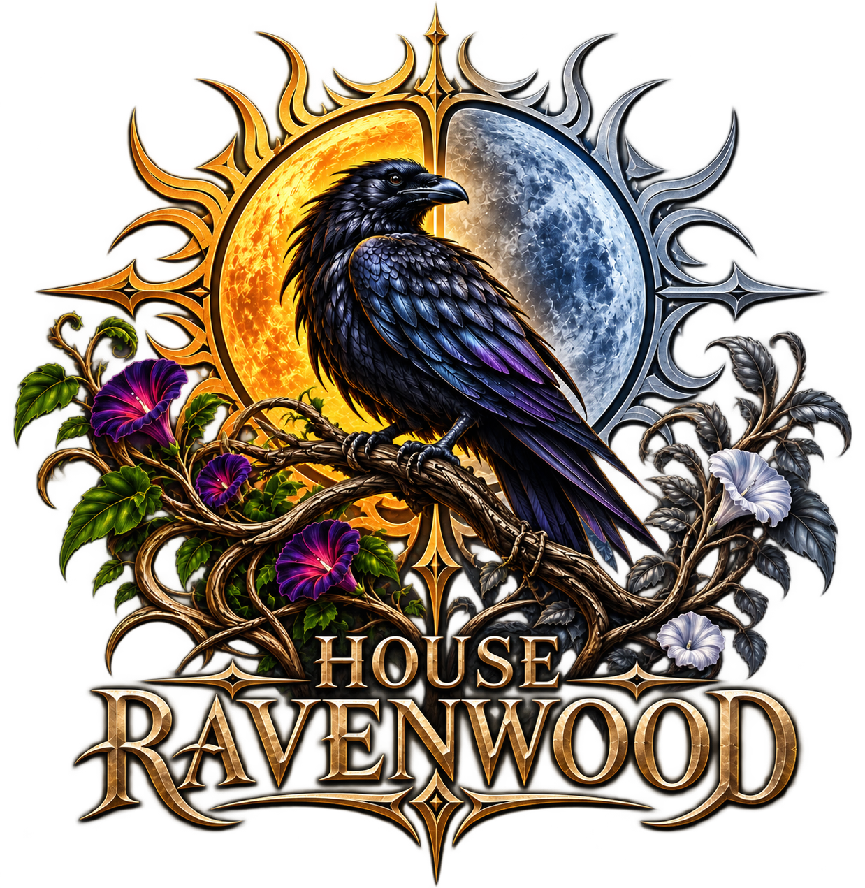 House Ravenwood crest: a raven beneath the sun and moon, framed by morning glories
