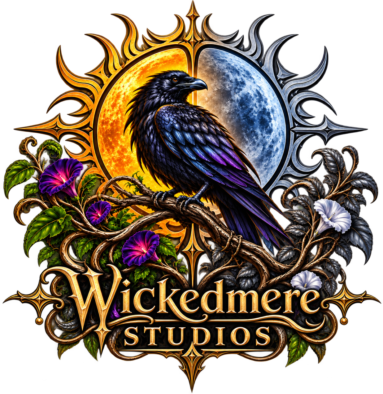 Wickedmere Studios crest: a raven beneath the sun and moon, framed by morning glories
